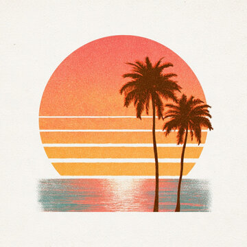 Retro Sunset Design with Palms Perfect for Vintage Print on Demand Products