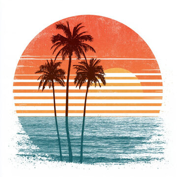 Retro Sunset Design with Palm Trees in Vintage Style for Print on Demand Projects