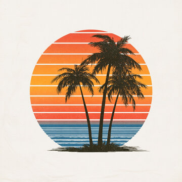 Retro Sunset Design with Vintage Palm Trees for Print on Demand, Perfect for Summer and Beach Themes