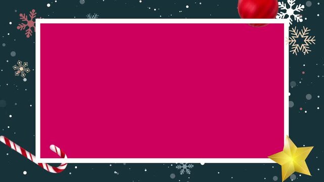 Festive New Year winter scene with Santa, falling snow and elegant frame border, providing clean space for advertising messages, logos, text and social media content.