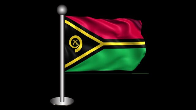 Vanuatu Waving Flag on Glossy Chrome Flagpole with Ball Finial, Animation on Transparent Background Alpha Channel