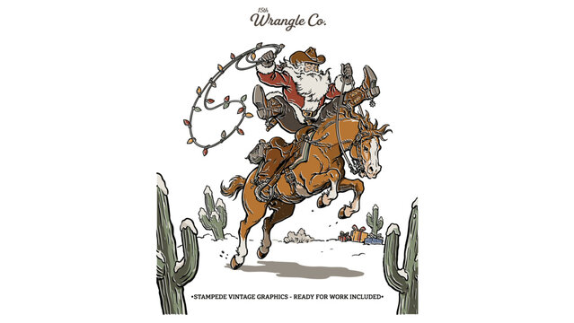 Cowboy Santa Claus riding bucking horse in snowy desert, Western Christmas holiday graphic. Vintage hand-drawn illustration.