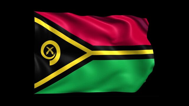 Vanuatu Waving Flag with Boar Tusk and Namele Fronds Emblem, Animated Video on Transparent Background with Alpha Channel