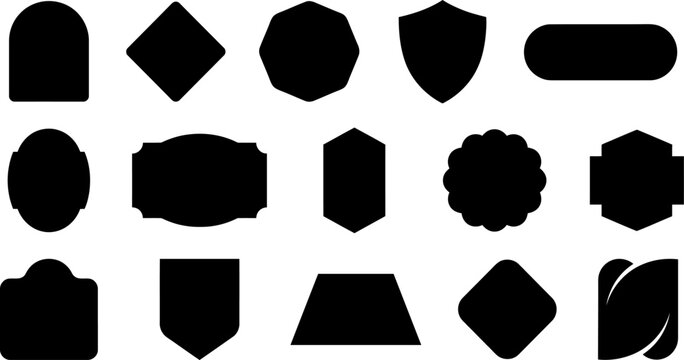 A diverse compilation of black silhouette forms featuring different badges labels frames and design elements set against a clean white backdrop