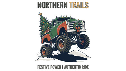 Christmas Monster Truck Carrying Tree, Vintage Pickup Off-Road Vehicle Graphic. Retro Festive. Vector Illustration. © CandaVecto