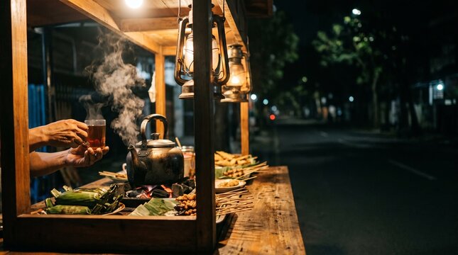 Angkringan Street Food Stall at Night with Rice Bundles and Charcoal Kettle in Java