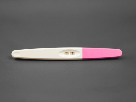 Plastic pregnancy test stick showing positive double lines result on an isolated gray background