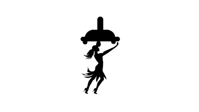 Creative motion graphics video of an animated black silhouette woman dancing and interacting with a bathroom shower head and falling water drops icon for cleaning and hygiene theme