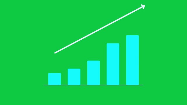 Animated bar chart with five rising bars and upward arrow on green screen, chroma key seamless 4K business growth loop