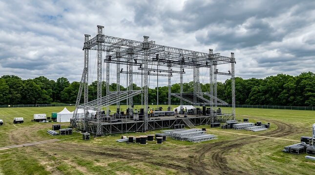 Huge steel metal truss stage scaffold construction frame setup in open outdoor field venue for music festival concert production with cloudy sky and lush green trees background view scene