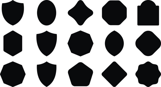 A diverse compilation of black shield shapes displayed in a structured grid pattern on a clean white backdrop ideal for numerous design applications