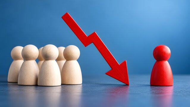 Downward red arrow separating a red wooden leader figure from the team representing economic crisis business decline and corporate failure