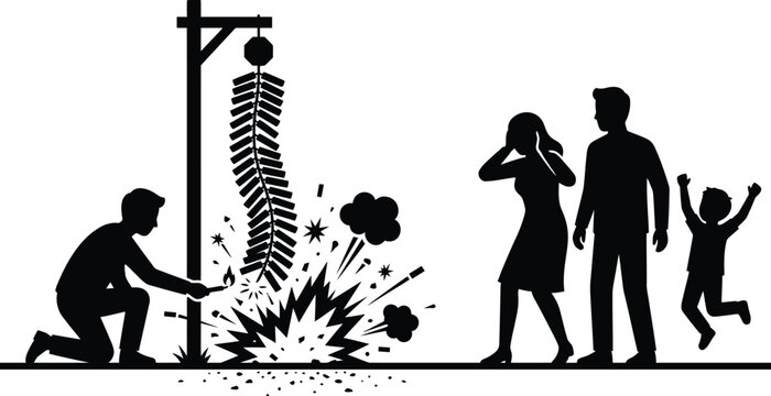 Silhouette of a person lighting firecrackers with family reacting white background