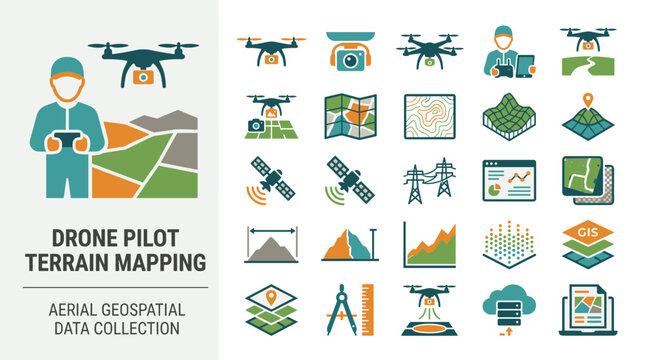 Drone Pilot Terrain Mapping Flat Icon Set Visualizing Aerial Geospatial Data Collection