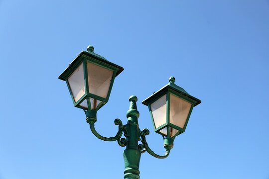 Period-style street lighting on the island of Symi, Greece.