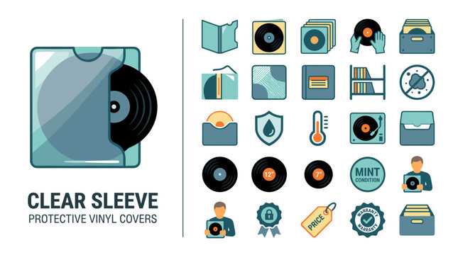 Vinyl Record Protection Icon Set with Clear Sleeves Storage Boxes and Condition Labels