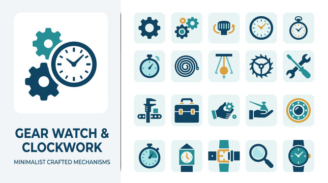 Gear Watch and Clockwork Minimalist Flat Icon Collection with Timepieces and Mechanisms