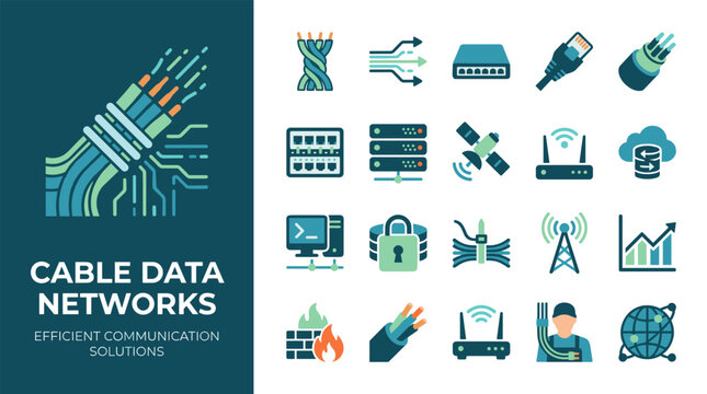 Cable Data Networks Icon Set Illustrating Communication Infrastructure and Connectivity