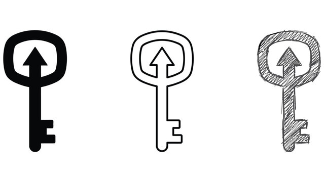 Set of three creative key icons with arrow symbols in different artistic styles for graphic design projects