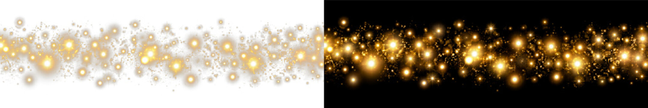 Radiant golden bokeh PNG overlay with glowing circles and scattered glitter particles, on transparent background