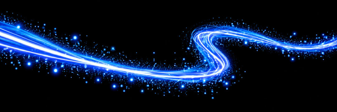 Blue glowing light leak PNG overlay with radiant curved trail and luminous cyan particles
