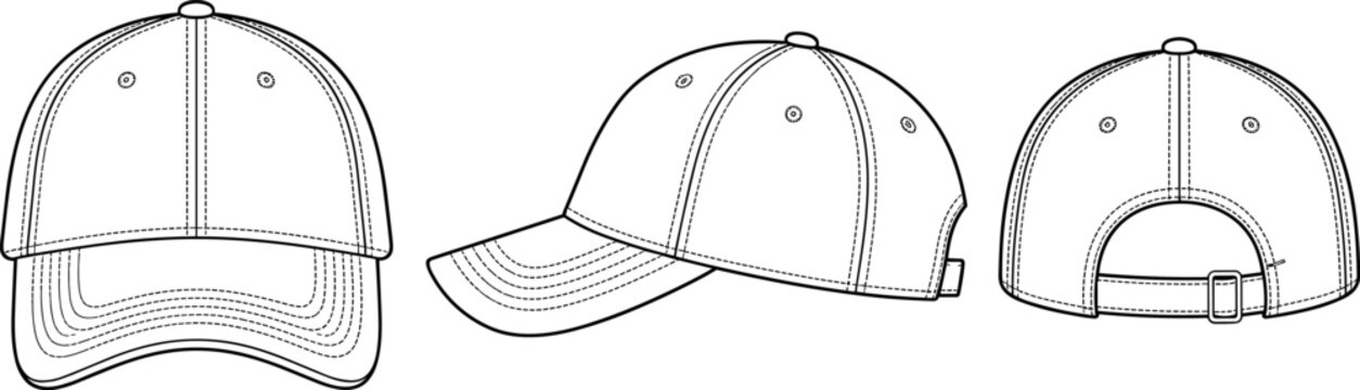 Six panel baseball cap technical flat sketch, front side and back view vector template