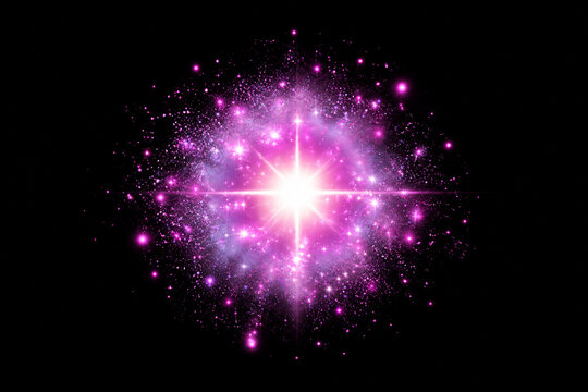 Pink glowing starburst PNG overlay with radiant light rays and sparkling particle cloud
