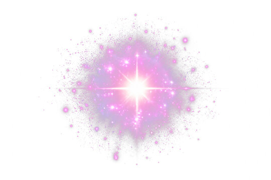 Pink starburst PNG overlay with luminous glow and scattered sparkling particles, on transparent background