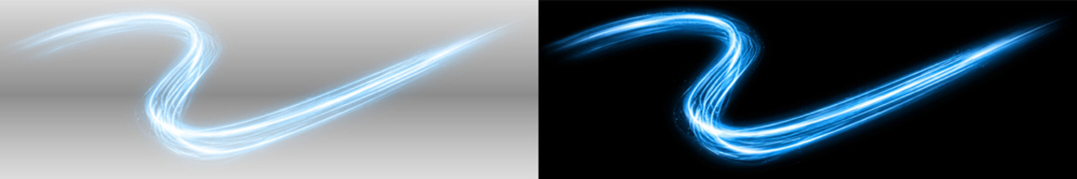 Blue glowing light leak PNG overlay with radiant cyan sweep and smooth luminous trail, on transparent background