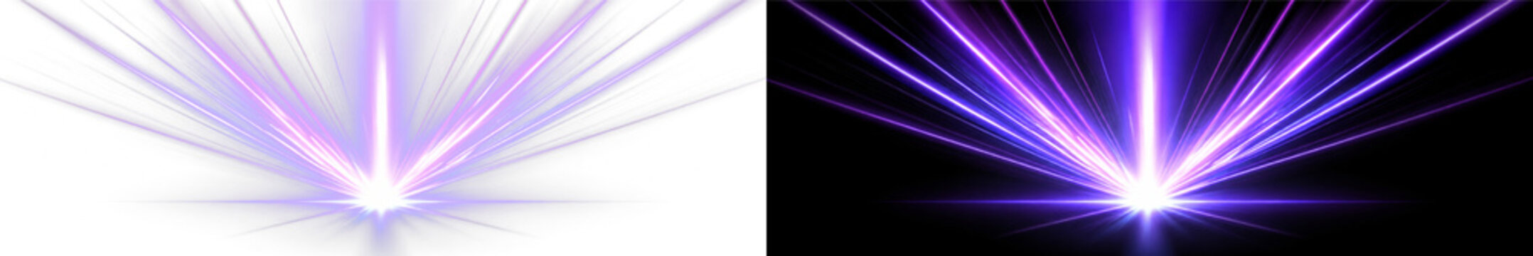 Radiant violet light beam PNG overlay with luminous perspective rays and bright central burst, on transparent background