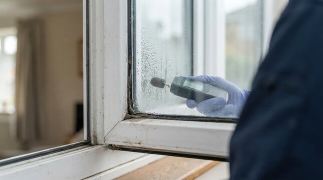 window seal condensation inspection Person cleaning a window using a spray bottle and a cloth with gloves on