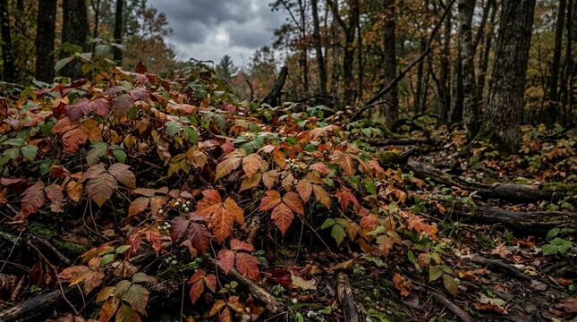 Vibrant Red and Green Poison Ivy Foliage Growing in a Dark Autumn Forest with Overcast Sky and Fallen Logs.
