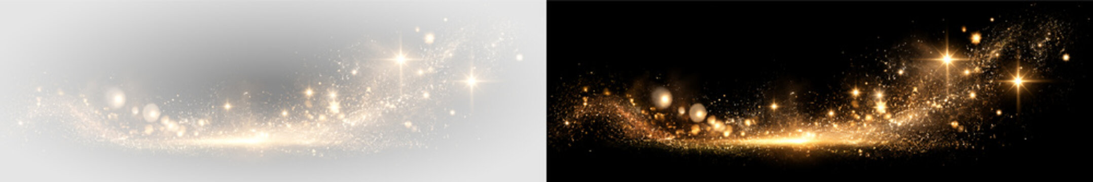 Golden glowing sparkle PNG overlay with radiant starburst and flowing glitter particles, on transparent background