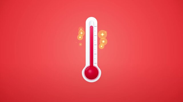 Animated thermometer rising on red background showing heat.