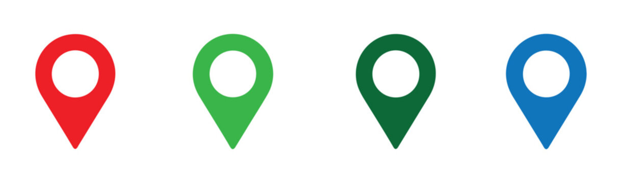 Set of colorful location map pointers in red green and blue shades for digital navigation and gps interface.
