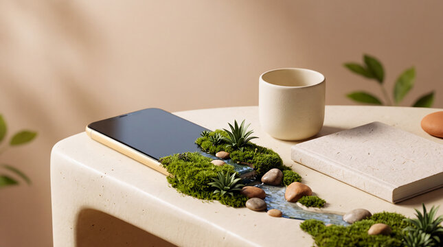 Smartphone with Miniature Moss Garden and River Flowing Concept of Digital Detox and Eco Friendly Tech