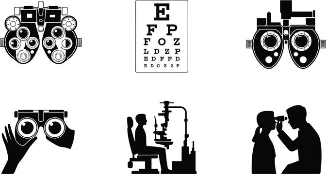 Professional eye examination icons featuring phoropter and snellen vision chart silhouettes for optometry clinic and ophthalmology care services.