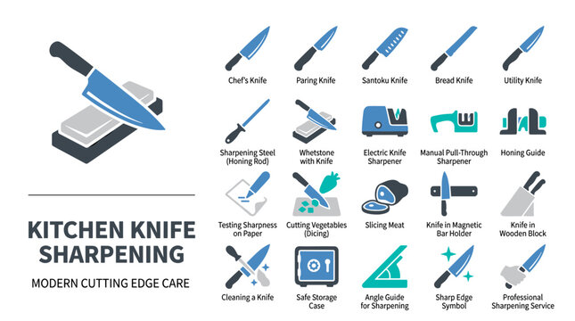 Kitchen Knife Sharpening Guide Showing Knife Types Sharpening Tools and Cutting Care