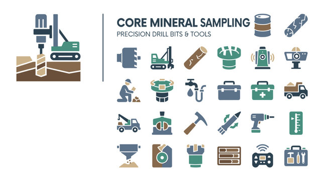 Core Mineral Sampling Icons Featuring Precision Drill Bits Tools and Mining Equipment