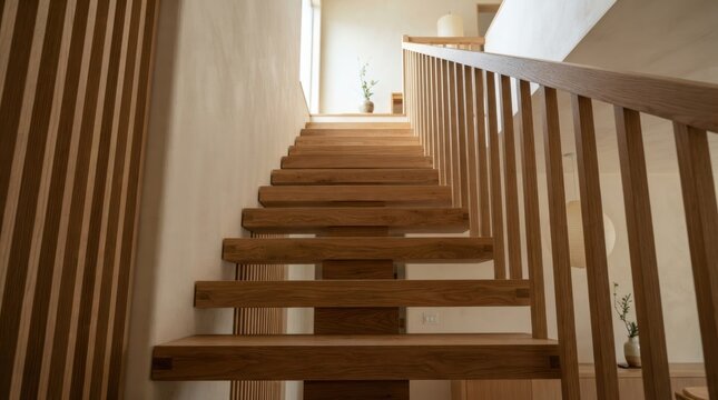 wood staircase japandi interior Wooden stairs with open risers and a railing in a bright modern interior.