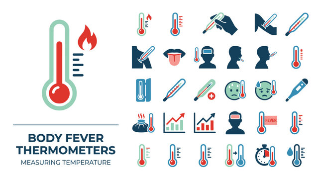 Thermometer Icon Set for Body Fever Medical Temperature Measurement and Healthcare Use
