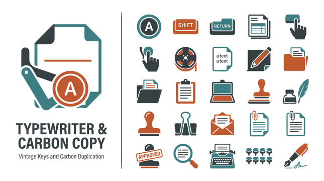 Typewriter Carbon Copy Vintage Office Icons Set Featuring Stamp Pen and Document