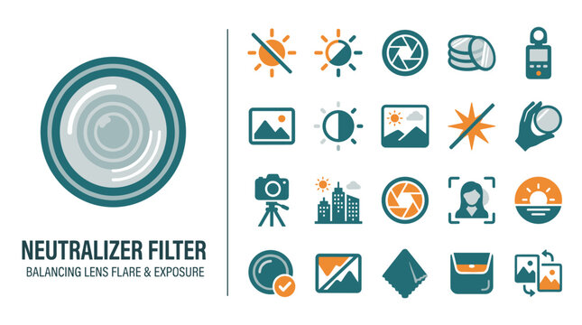 Photography Icon Collection Featuring Neutralizer Filter Lens and Exposure Symbols