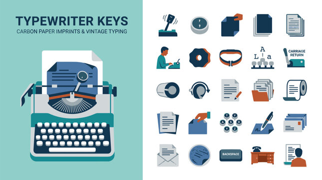 Typewriter Keys Flat Icon Set with Vintage Typing and Document Illustrations