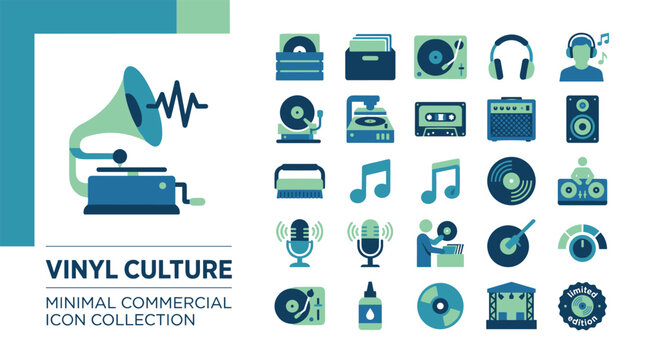 Vinyl Culture Icon Set Featuring Gramophone Turntable Headphones and Audio Equipment