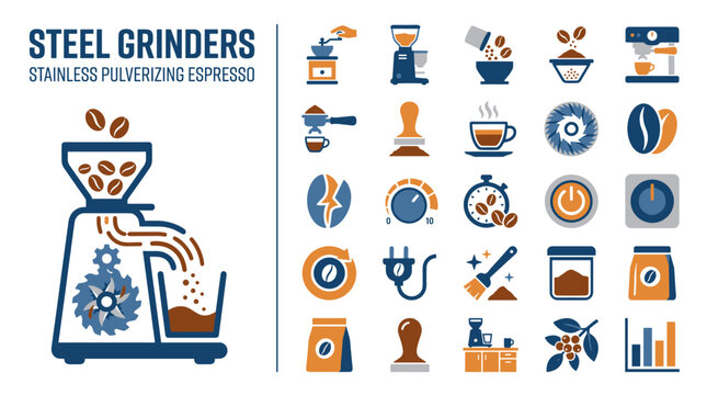 Coffee Grinder Flat Icon Set with Espresso Brewing Symbols and Stainless Design Elements