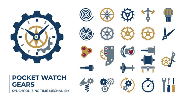 Pocket Watch Gears Synchronizing Time Mechanism Flat Icon Set Illustration