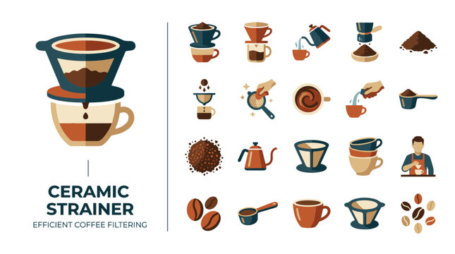 Ceramic Pour over Coffee Strainer Set with Brewing Icons and Coffee Bean Illustrations
