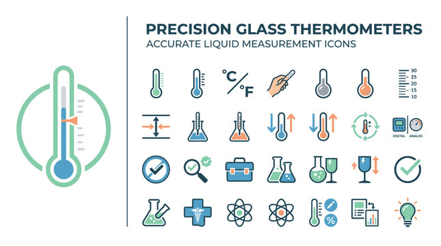Thermometer Precision Glass Icons for Accurate Liquid Temperature Measurement Illustrations