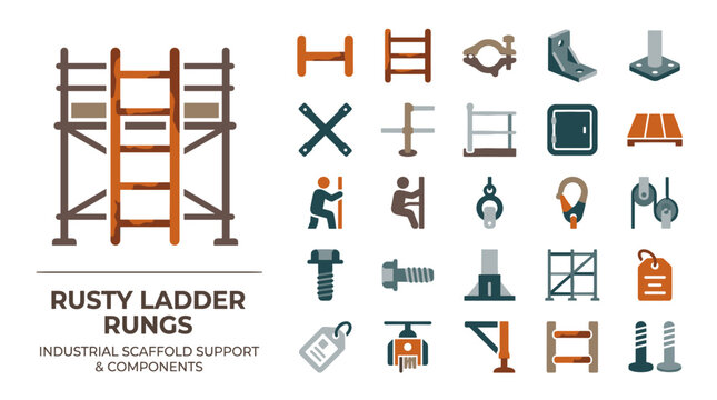 Scaffolding Flat Design Set with Rusty Ladder Rungs and Industrial Hardware Icons